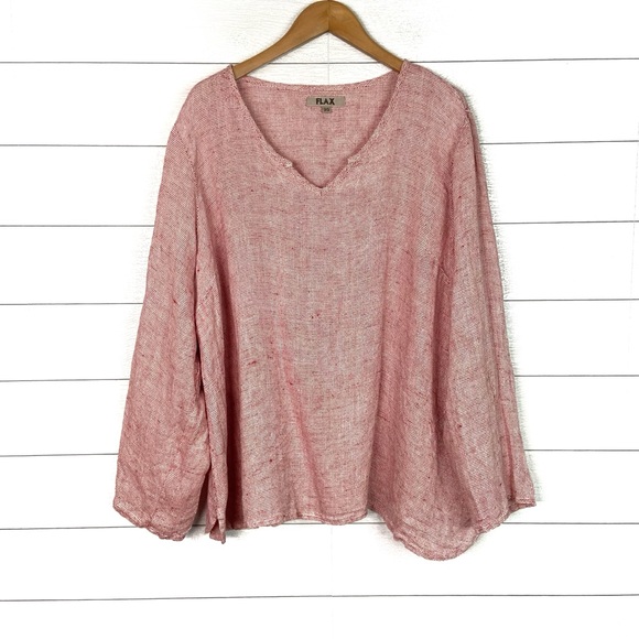 FLAX Linen Red Grid Woven Oversized Boxy Long Sleeve Top Notch V Neck 2G Plus - Picture 1 of 5